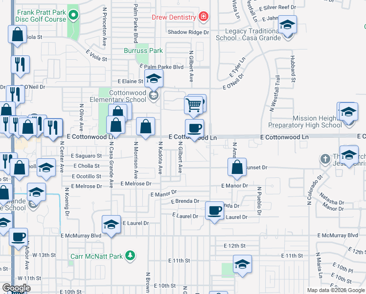map of restaurants, bars, coffee shops, grocery stores, and more near 1578 North Gilbert Avenue in Casa Grande