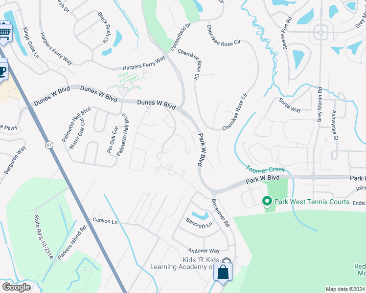map of restaurants, bars, coffee shops, grocery stores, and more near 1675 Camfield Lane in Mount Pleasant