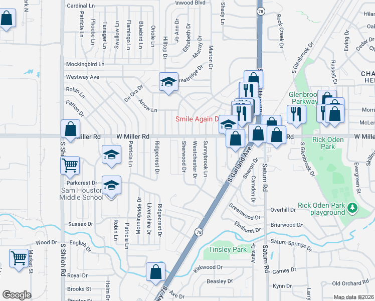 map of restaurants, bars, coffee shops, grocery stores, and more near 2020 Sherwood Drive in Garland