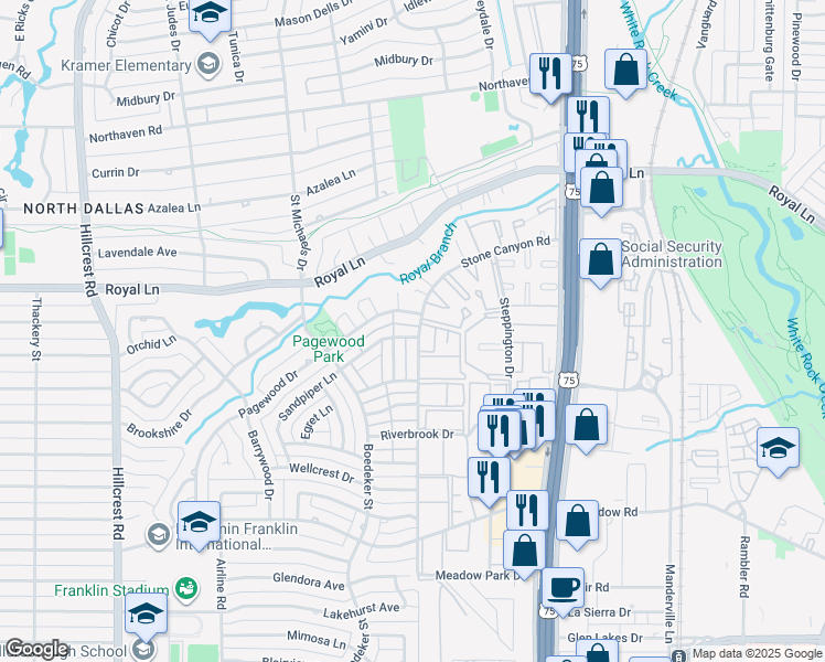 map of restaurants, bars, coffee shops, grocery stores, and more near 10811 Sandpiper Lane in Dallas