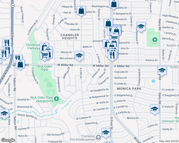 map of restaurants, bars, coffee shops, grocery stores, and more near 2013 Rolando Drive in Garland