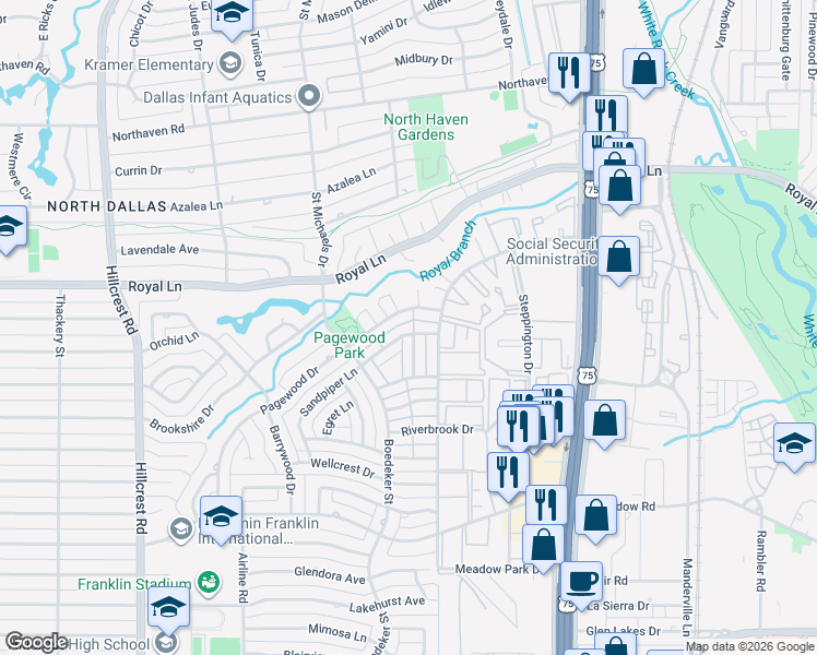 map of restaurants, bars, coffee shops, grocery stores, and more near 10811 Sandpiper Lane in Dallas