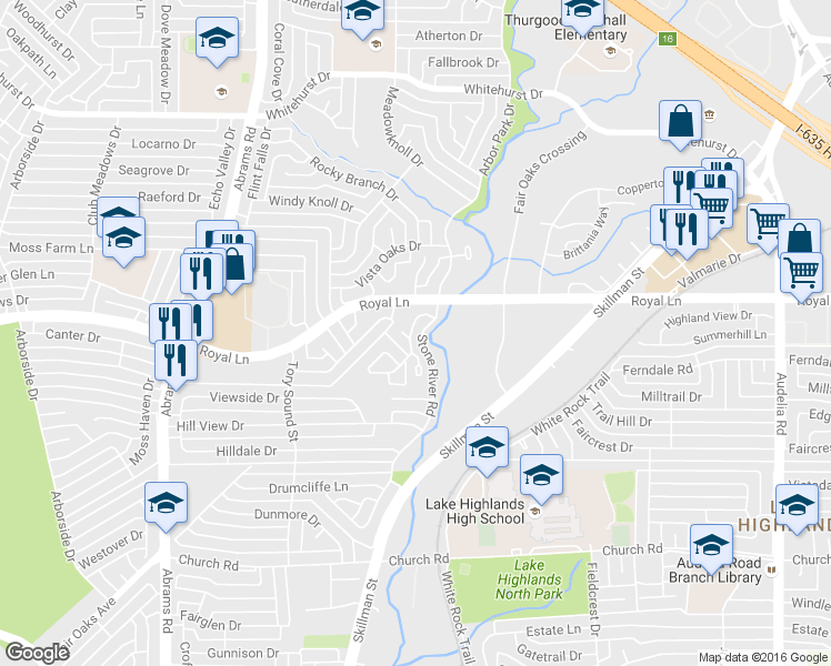map of restaurants, bars, coffee shops, grocery stores, and more near 8408 Old Moss Road in Dallas