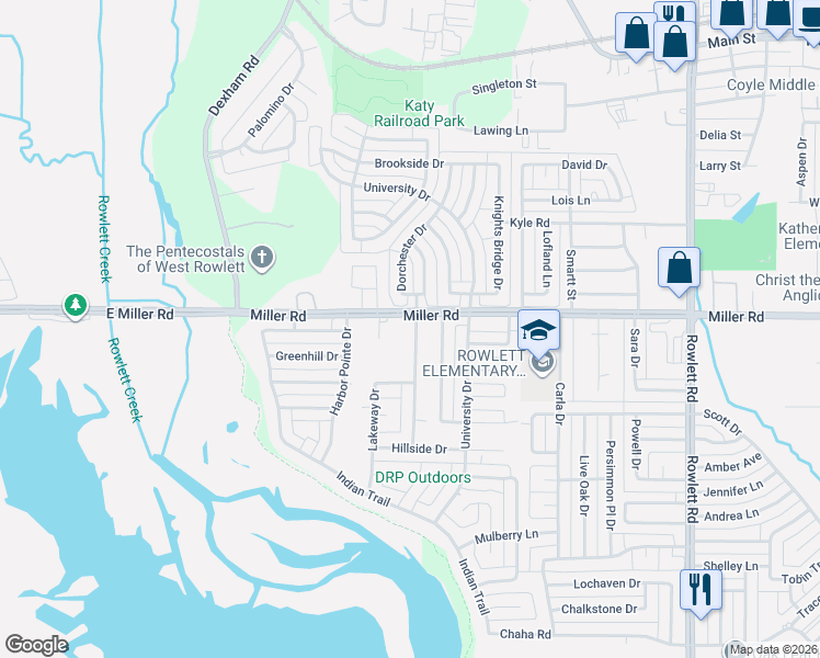 map of restaurants, bars, coffee shops, grocery stores, and more near 3410 Westshore Drive in Rowlett