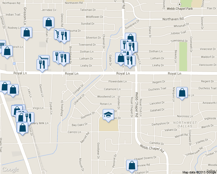 map of restaurants, bars, coffee shops, grocery stores, and more near 3155 Catamore Ln in Dallas