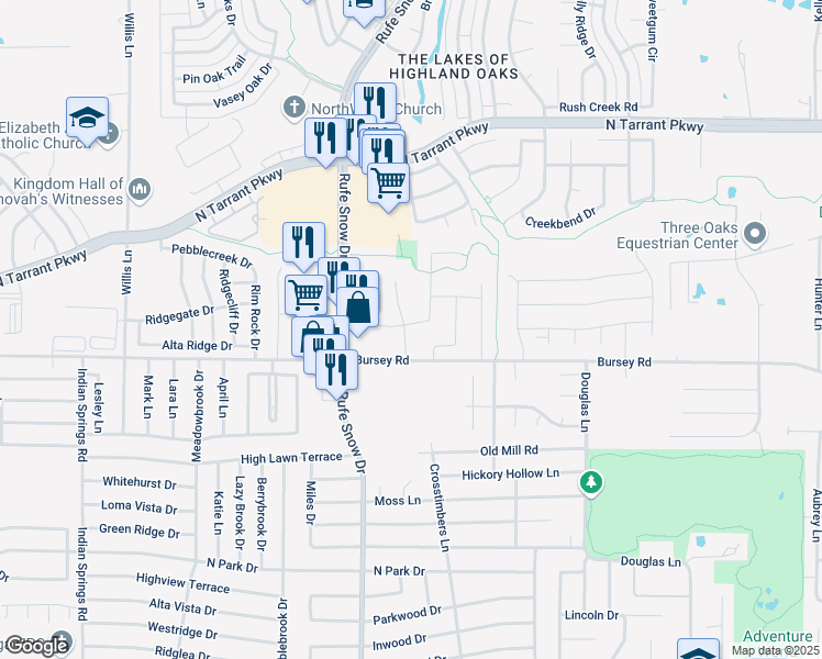 map of restaurants, bars, coffee shops, grocery stores, and more near 2101 Bradley Drive in Keller