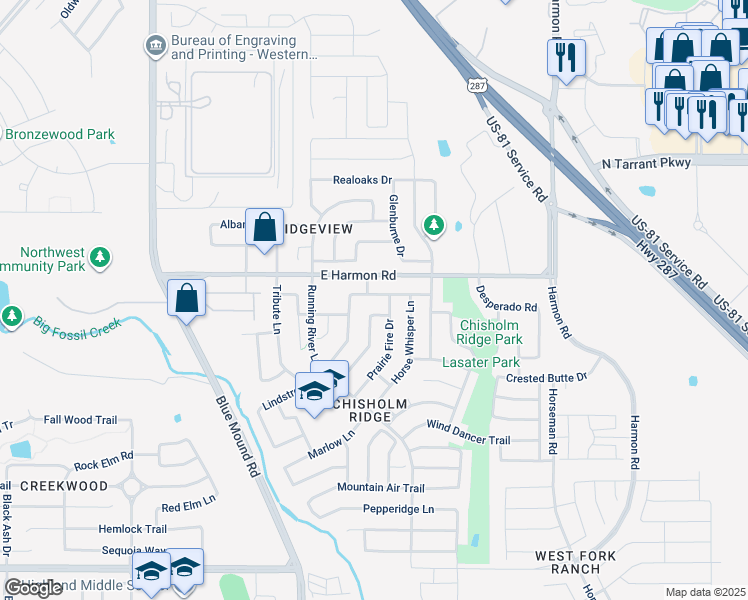 map of restaurants, bars, coffee shops, grocery stores, and more near 1320 Cattle Crossing Drive in Fort Worth