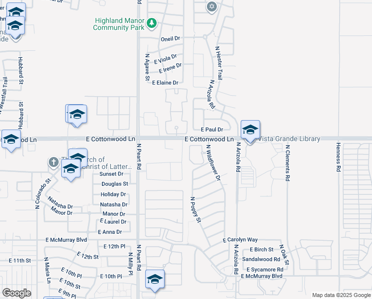 map of restaurants, bars, coffee shops, grocery stores, and more near 1574 North Desert Willow Street in Casa Grande