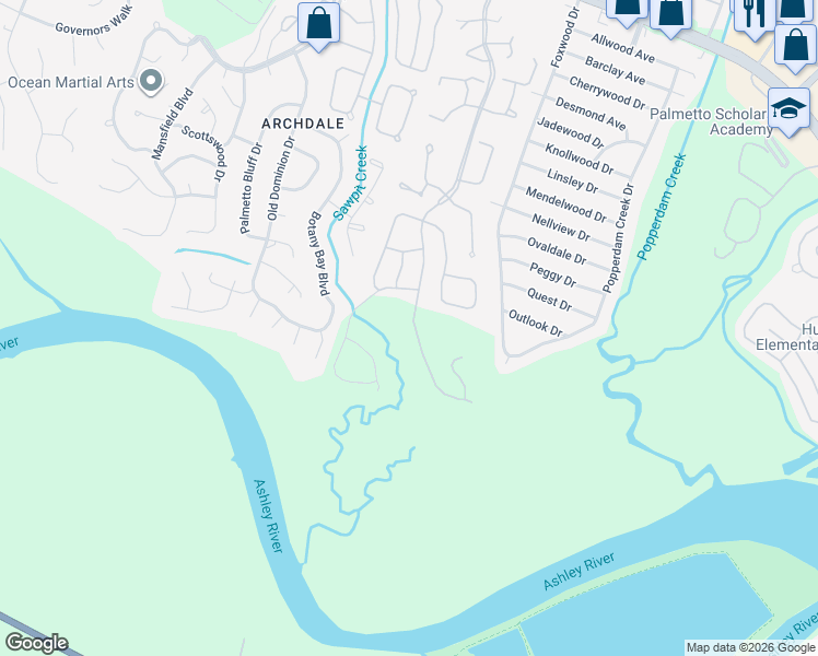map of restaurants, bars, coffee shops, grocery stores, and more near 5205 Pomfret Street in North Charleston