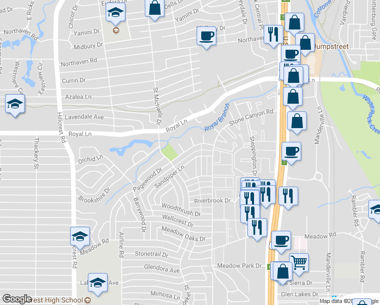 map of restaurants, bars, coffee shops, grocery stores, and more near 10738 Pagewood Drive in Dallas