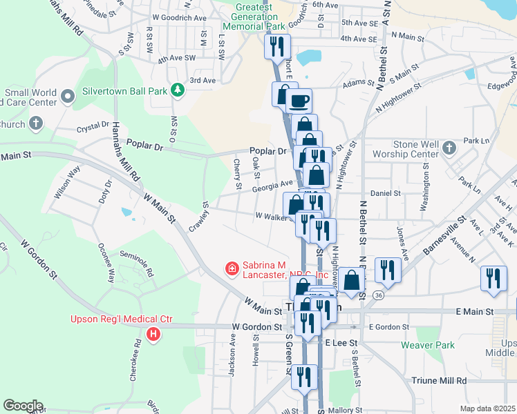 map of restaurants, bars, coffee shops, grocery stores, and more near 400 Oak Street in Thomaston