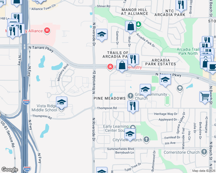 map of restaurants, bars, coffee shops, grocery stores, and more near 8321 Spruce Meadows Drive in Fort Worth
