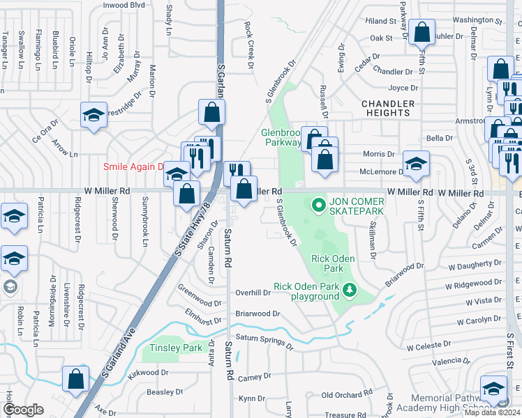 map of restaurants, bars, coffee shops, grocery stores, and more near 2025 South Glenbrook Drive in Garland