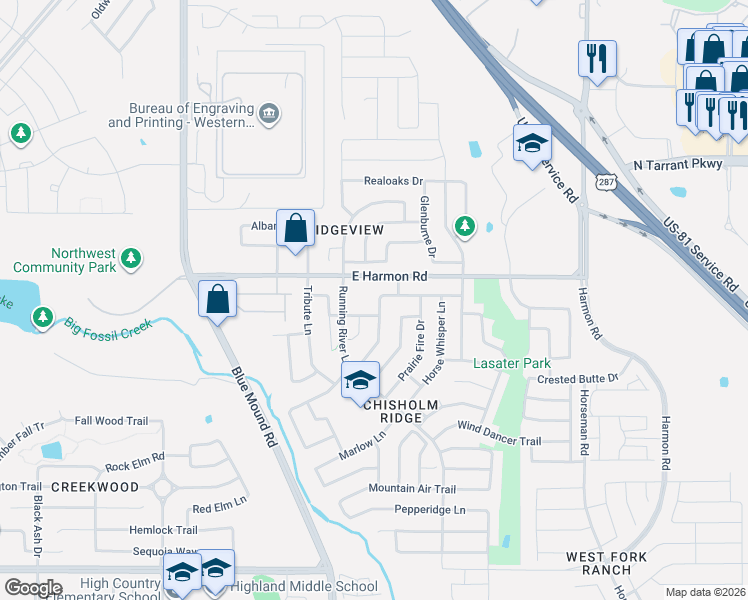 map of restaurants, bars, coffee shops, grocery stores, and more near 8537 Cactus Flower Dr in Fort Worth
