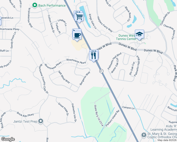 map of restaurants, bars, coffee shops, grocery stores, and more near 2411 Bergeron Way in Mount Pleasant