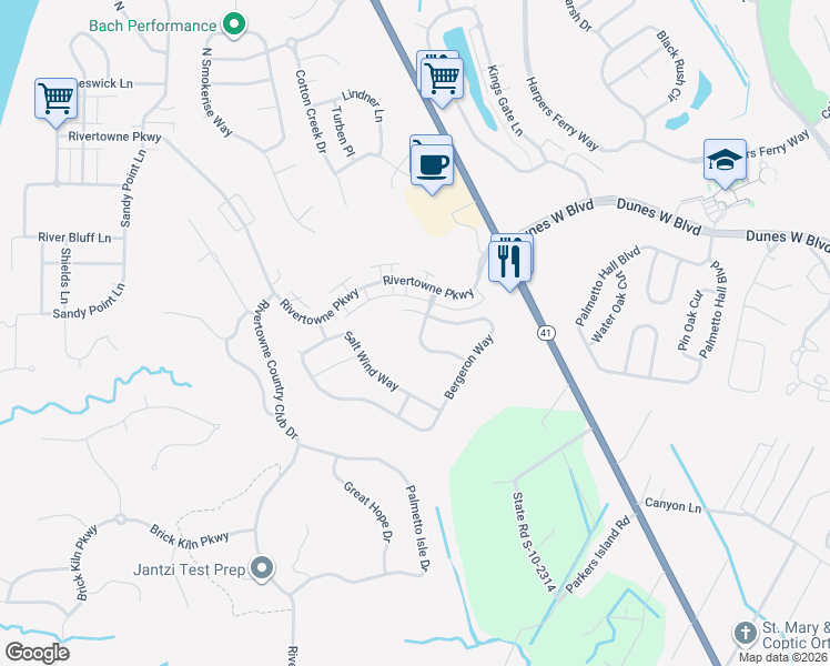 map of restaurants, bars, coffee shops, grocery stores, and more near 1008 Albatross Lane in Mount Pleasant