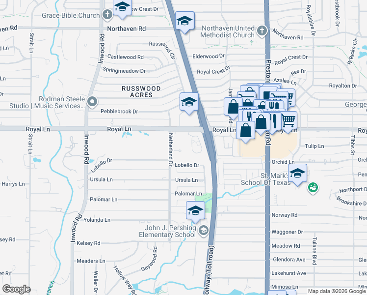 map of restaurants, bars, coffee shops, grocery stores, and more near 3 Netherland Court in Dallas