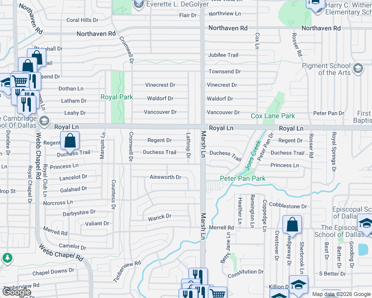 map of restaurants, bars, coffee shops, grocery stores, and more near 3641 Duchess Trail in Dallas
