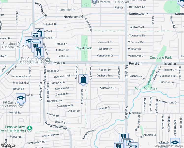 map of restaurants, bars, coffee shops, grocery stores, and more near 10711 Cromwell Drive in Dallas