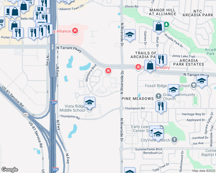 map of restaurants, bars, coffee shops, grocery stores, and more near 8225 Crafters Loop in Fort Worth