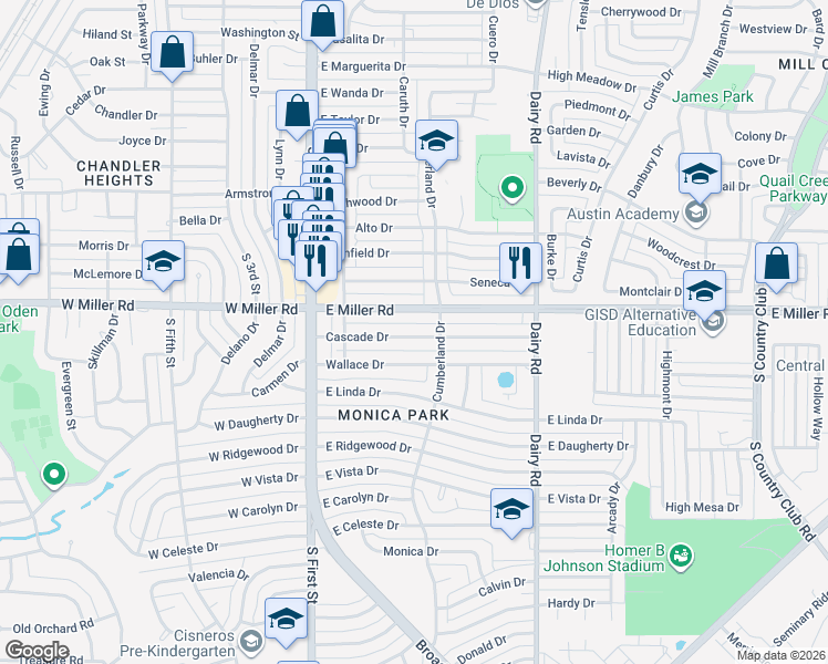 map of restaurants, bars, coffee shops, grocery stores, and more near 404 Cascade Drive in Garland