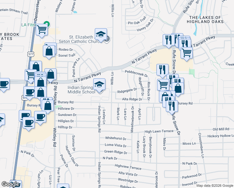map of restaurants, bars, coffee shops, grocery stores, and more near 404 Ridgegate Drive in Keller