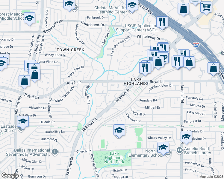 map of restaurants, bars, coffee shops, grocery stores, and more near 8401 Skillman Street in Dallas