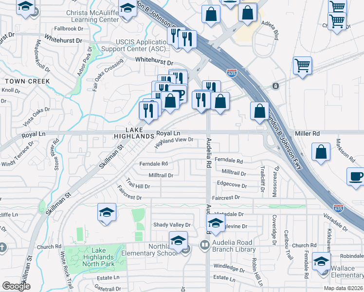 map of restaurants, bars, coffee shops, grocery stores, and more near 9621 Summerhill Lane in Dallas