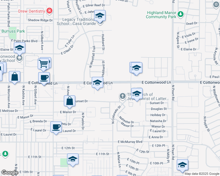 map of restaurants, bars, coffee shops, grocery stores, and more near 1281 East Cottonwood Lane in Casa Grande