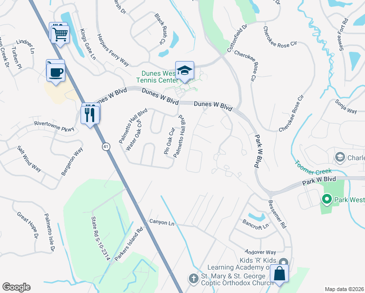 map of restaurants, bars, coffee shops, grocery stores, and more near 2736 Palmetto Hall Boulevard in Mount Pleasant