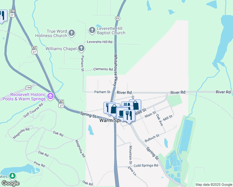map of restaurants, bars, coffee shops, grocery stores, and more near 46 River Road in Warm Springs