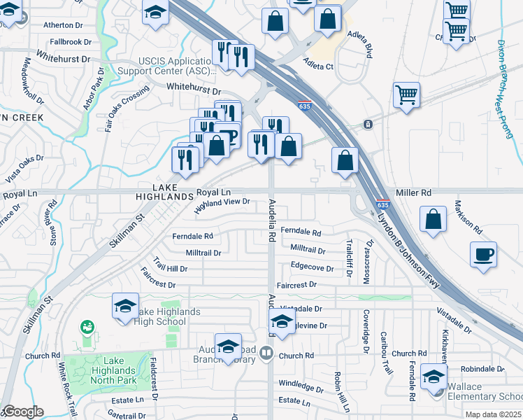 map of restaurants, bars, coffee shops, grocery stores, and more near 9711 Summerhill Ln in Dallas