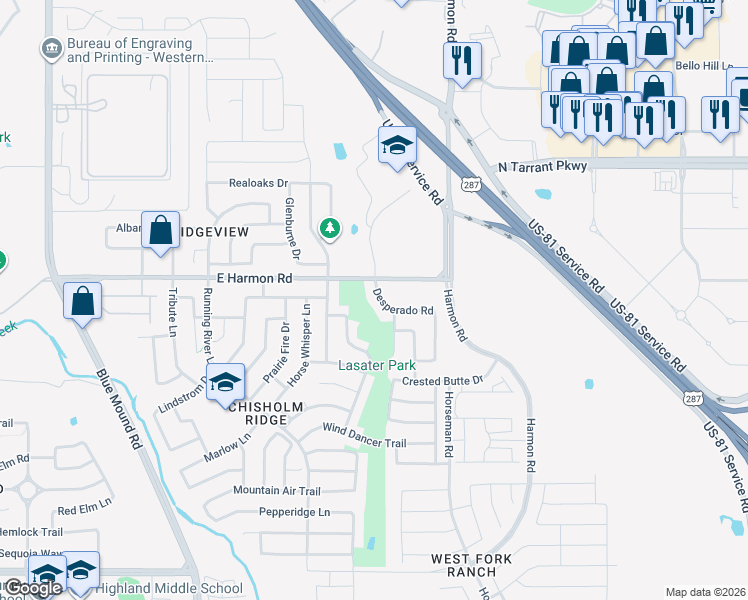 map of restaurants, bars, coffee shops, grocery stores, and more near 1612 Desperado Road in Fort Worth