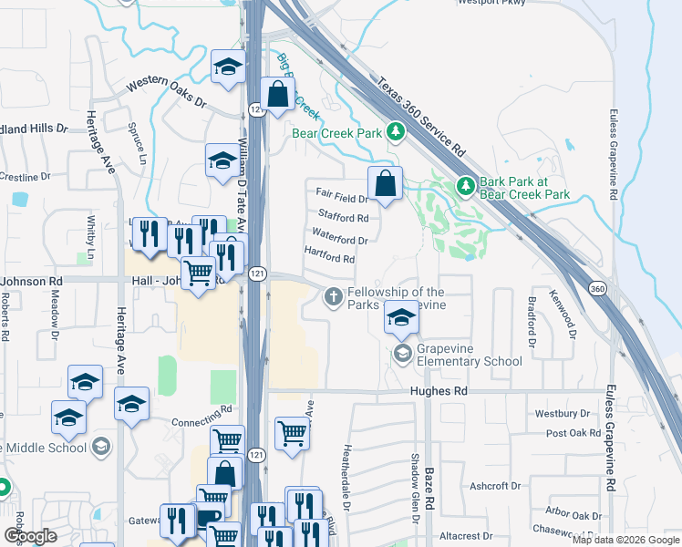 map of restaurants, bars, coffee shops, grocery stores, and more near 1904 New Haven Road in Grapevine