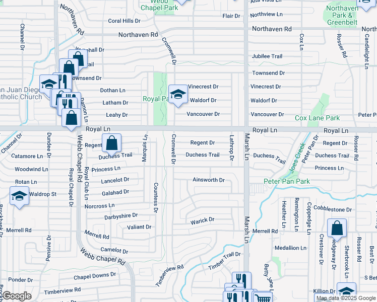 map of restaurants, bars, coffee shops, grocery stores, and more near 3527 Duchess Trail in Dallas