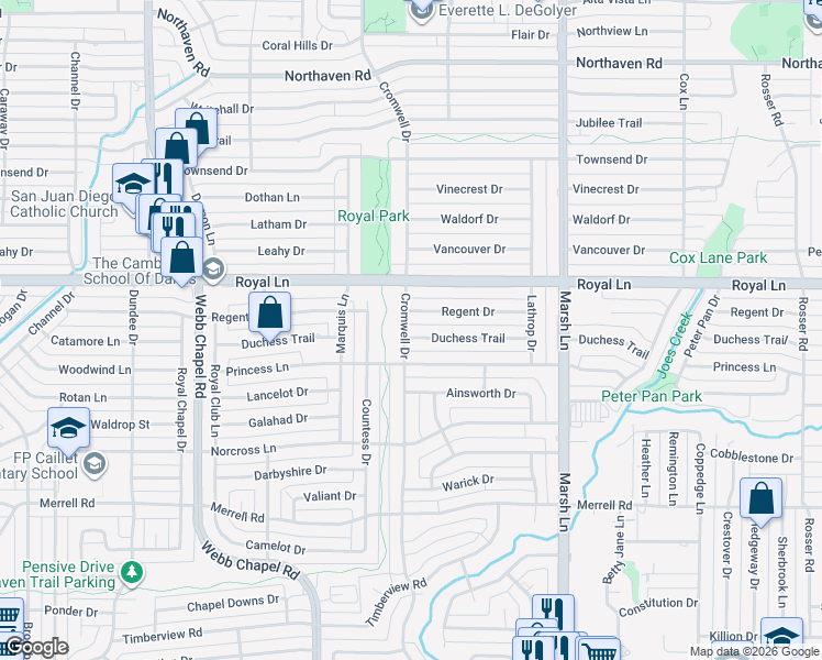 map of restaurants, bars, coffee shops, grocery stores, and more near 10711 Cromwell Drive in Dallas
