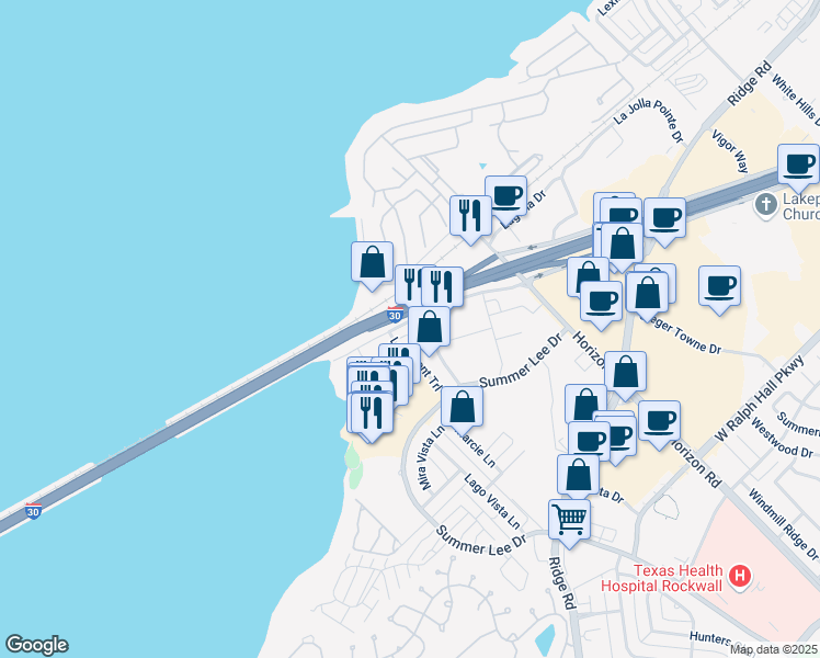 map of restaurants, bars, coffee shops, grocery stores, and more near 303 Interstate 30 Frontage Road in Rockwall