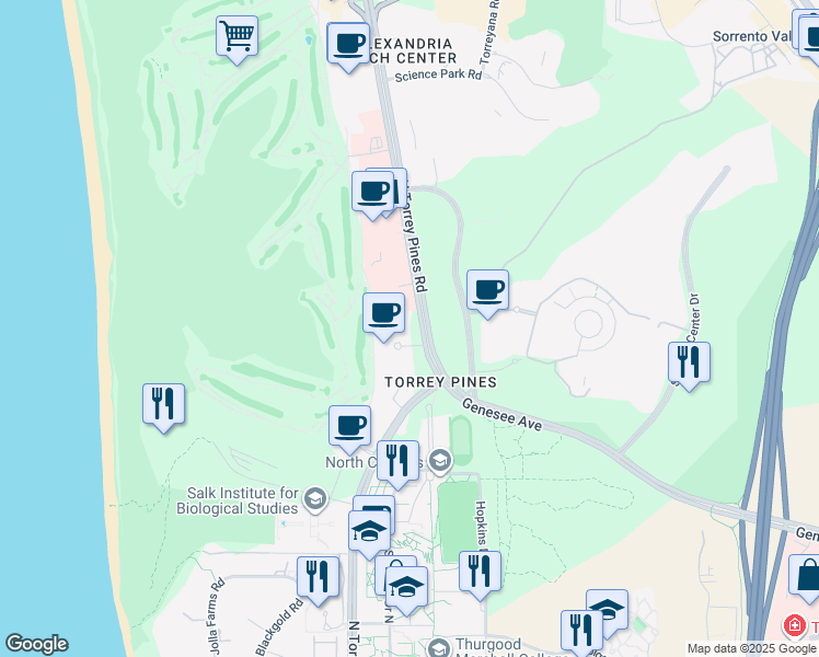 map of restaurants, bars, coffee shops, grocery stores, and more near 3366 North Torrey Pines Court in San Diego