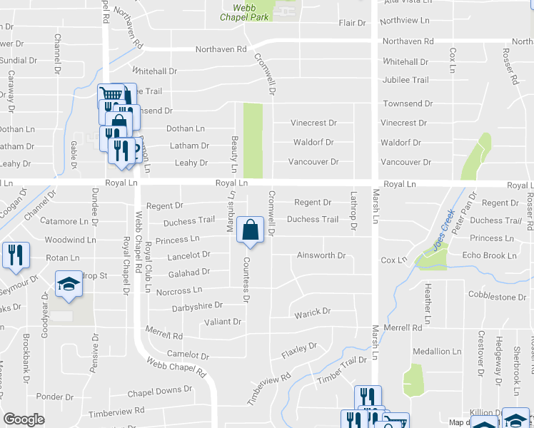 map of restaurants, bars, coffee shops, grocery stores, and more near 10711 Cromwell Drive in Dallas