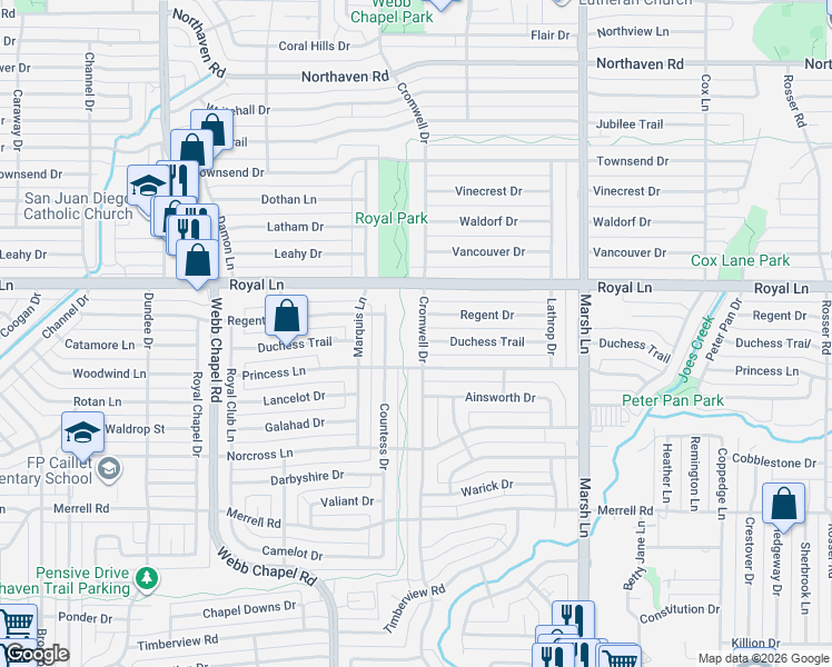 map of restaurants, bars, coffee shops, grocery stores, and more near 10711 Cromwell Drive in Dallas