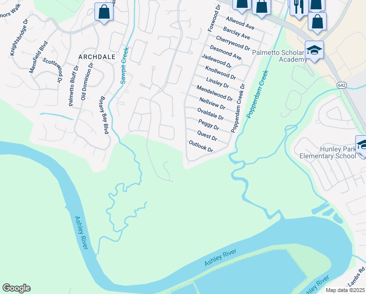 map of restaurants, bars, coffee shops, grocery stores, and more near 5026 Foxwood Drive in North Charleston