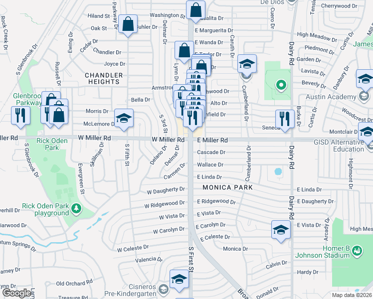 map of restaurants, bars, coffee shops, grocery stores, and more near 2013 S 1st St in Garland