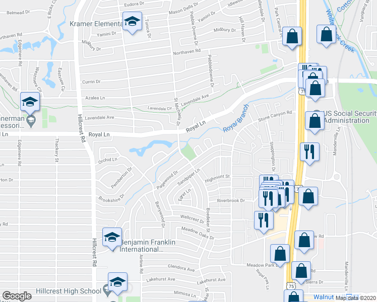 map of restaurants, bars, coffee shops, grocery stores, and more near 10700 Boedeker St in Dallas
