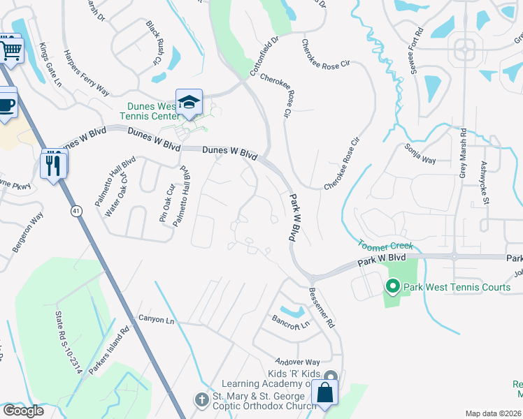map of restaurants, bars, coffee shops, grocery stores, and more near 1675 Camfield Lane in Mount Pleasant