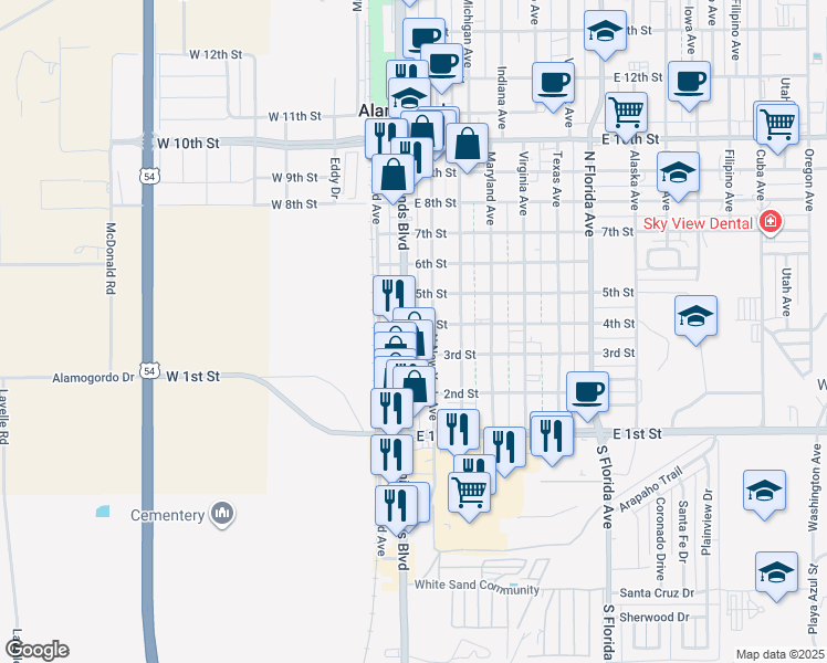 map of restaurants, bars, coffee shops, grocery stores, and more near 316 N White Sands Blvd in Alamogordo