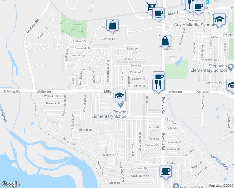 map of restaurants, bars, coffee shops, grocery stores, and more near 2806 Miller Road in Rowlett