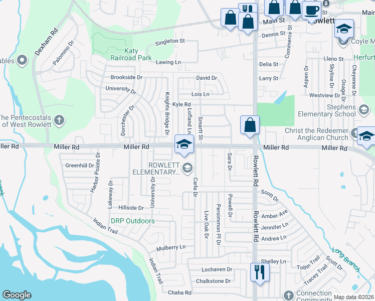 map of restaurants, bars, coffee shops, grocery stores, and more near 2806 Miller Road in Rowlett