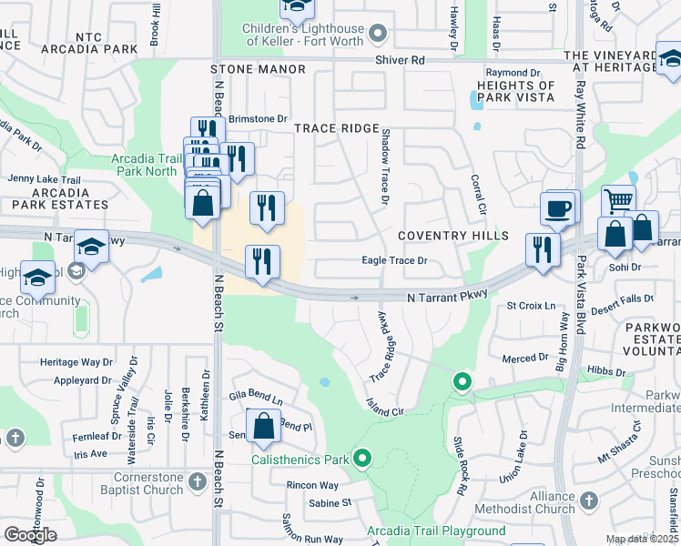map of restaurants, bars, coffee shops, grocery stores, and more near 4721 Emerald Trace Way in Fort Worth