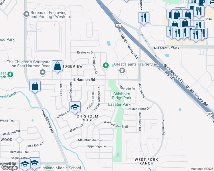 map of restaurants, bars, coffee shops, grocery stores, and more near 8532 Prairie Dawn Drive in Fort Worth