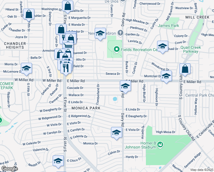 map of restaurants, bars, coffee shops, grocery stores, and more near 612 Cascade Drive in Garland
